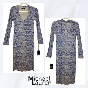 NWT Michael Lauren Heather Blue-Grey Triangle Print Long Sleeve Tea Length Dress
